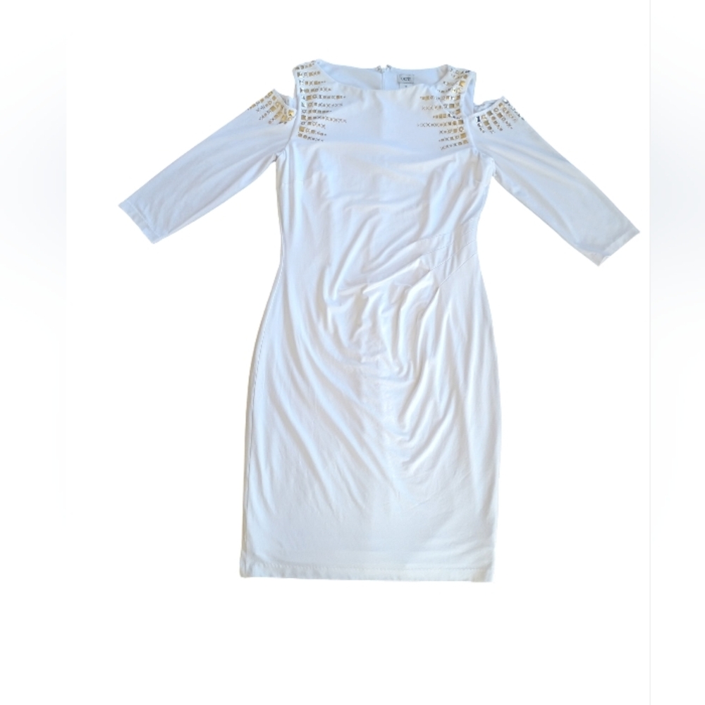 Cache Women's White W Gold Embellishments Cold Shoulder Dress SZ 10
